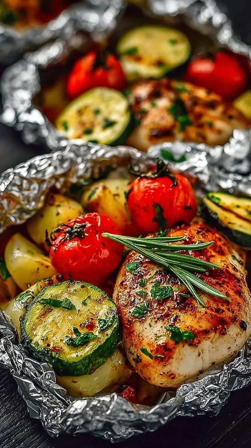 Individual foil packets on a grill filled with BBQ chicken, zucchini, and colorful bell peppers.