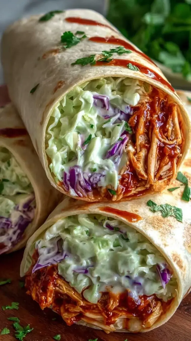 Four BBQ chicken wraps with creamy coleslaw sliced diagonally on a platter.