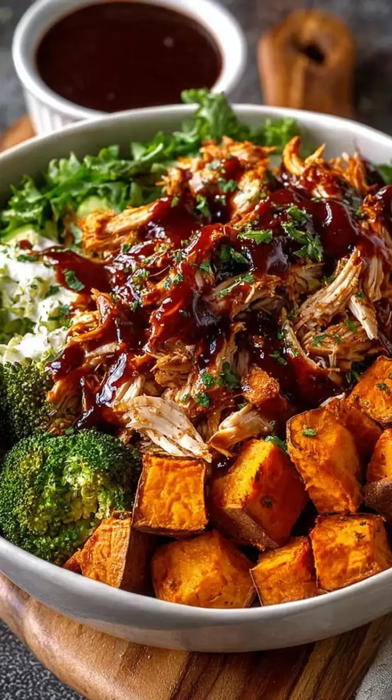 A vibrant meal prep bowl with roasted sweet potatoes, shredded BBQ chicken, black beans, corn, and fresh avocado slices.