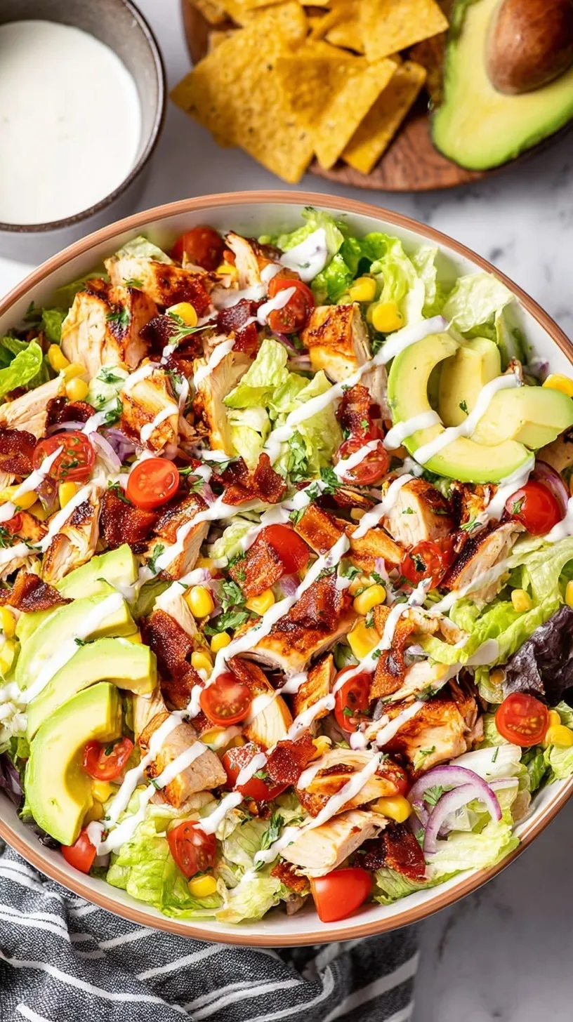 A vibrant BBQ Chicken Salad in a bowl with grilled chicken, corn, black beans, and avocado