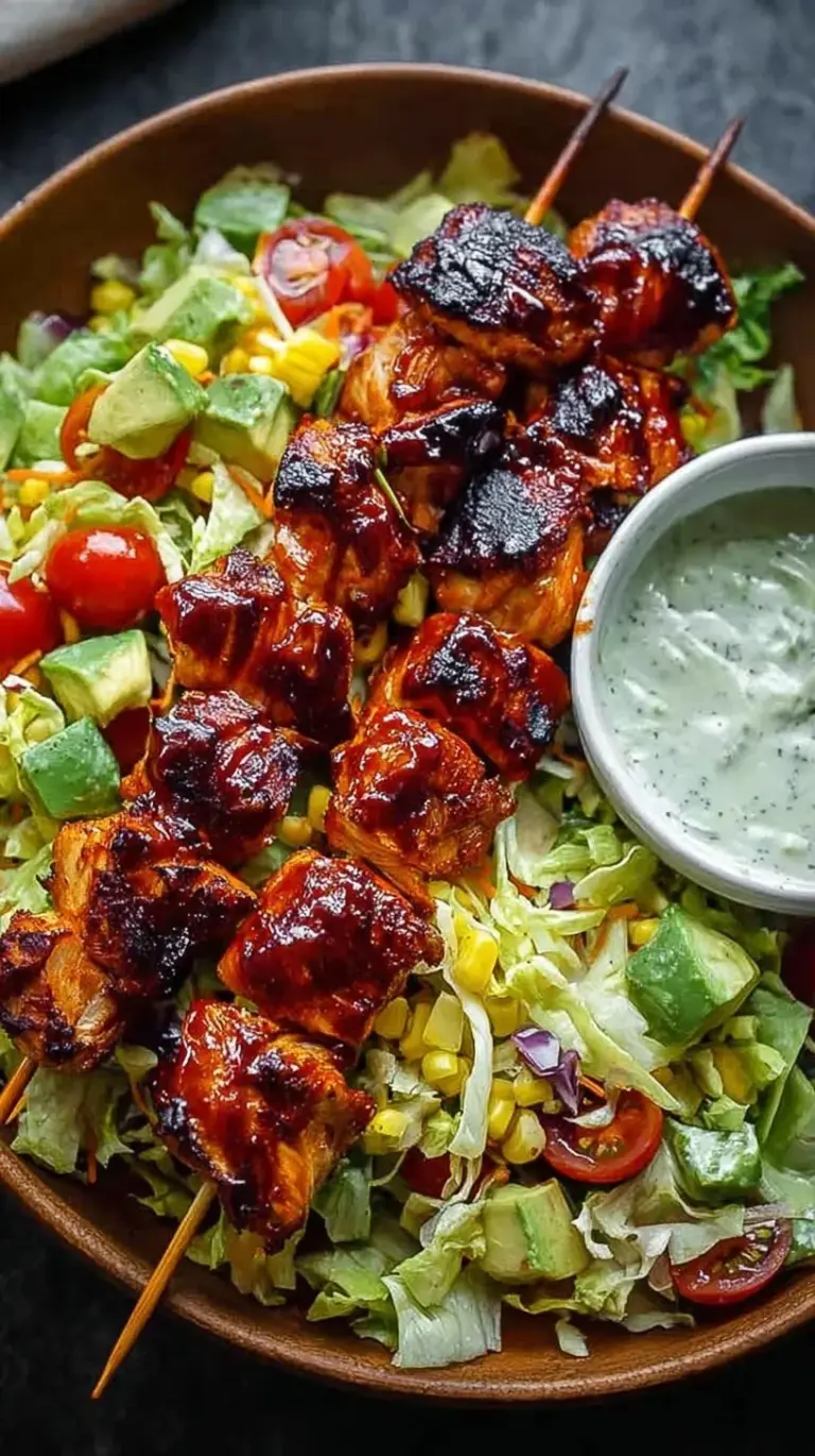Grilled BBQ chicken skewers resting on a fresh salad with avocado dressing