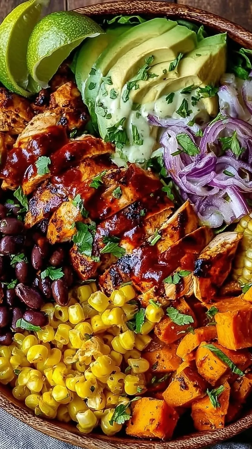 A vibrant bowl with roasted sweet potatoes, shredded BBQ chicken, black beans, corn, and avocado slices.