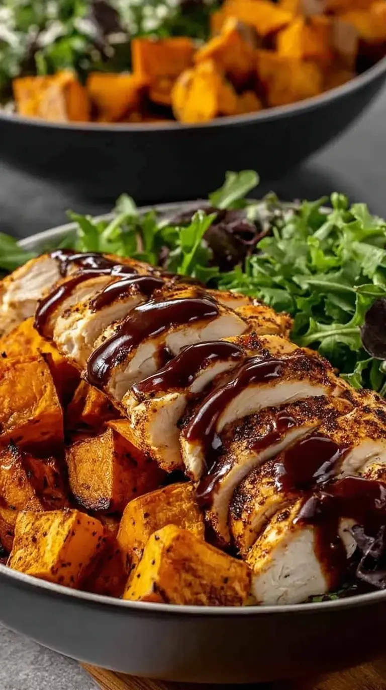A roasted sweet potato bowl filled with shredded BBQ chicken, black beans, and corn topped with cilantro lime crema.