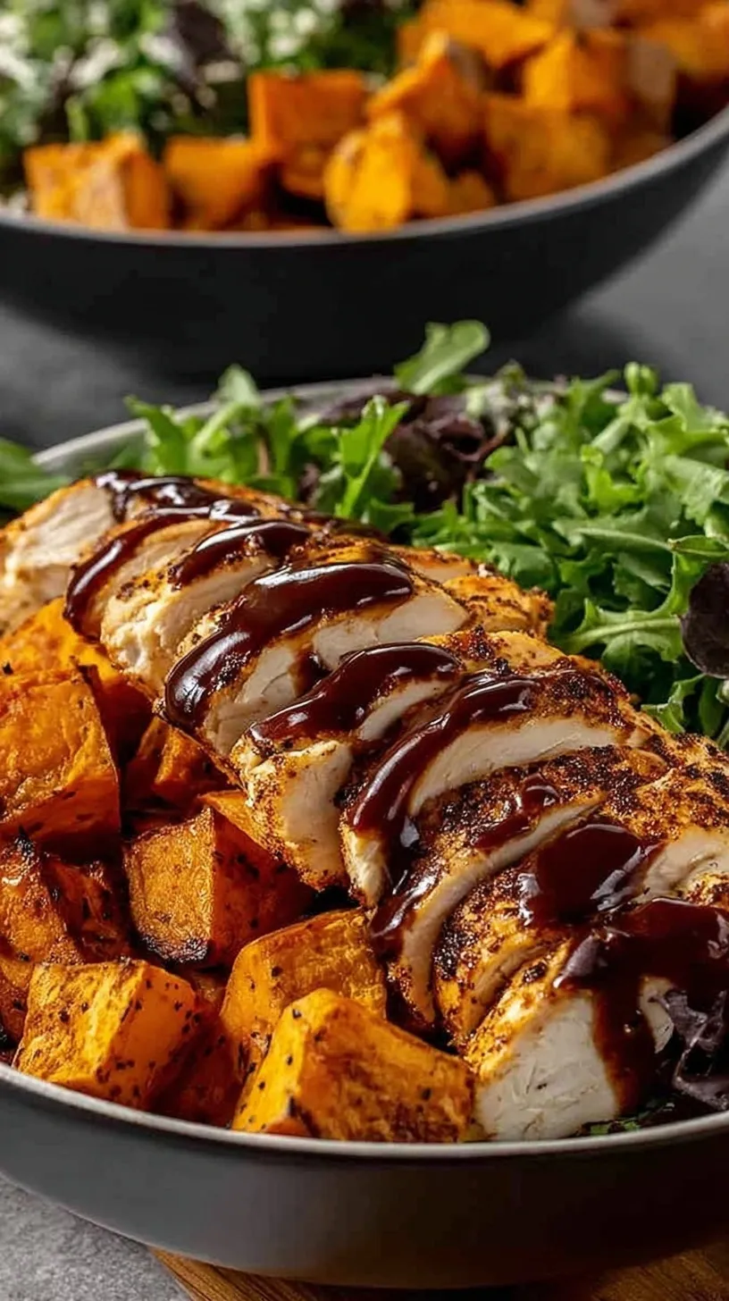 A roasted sweet potato bowl filled with shredded BBQ chicken, black beans, and corn topped with cilantro lime crema.