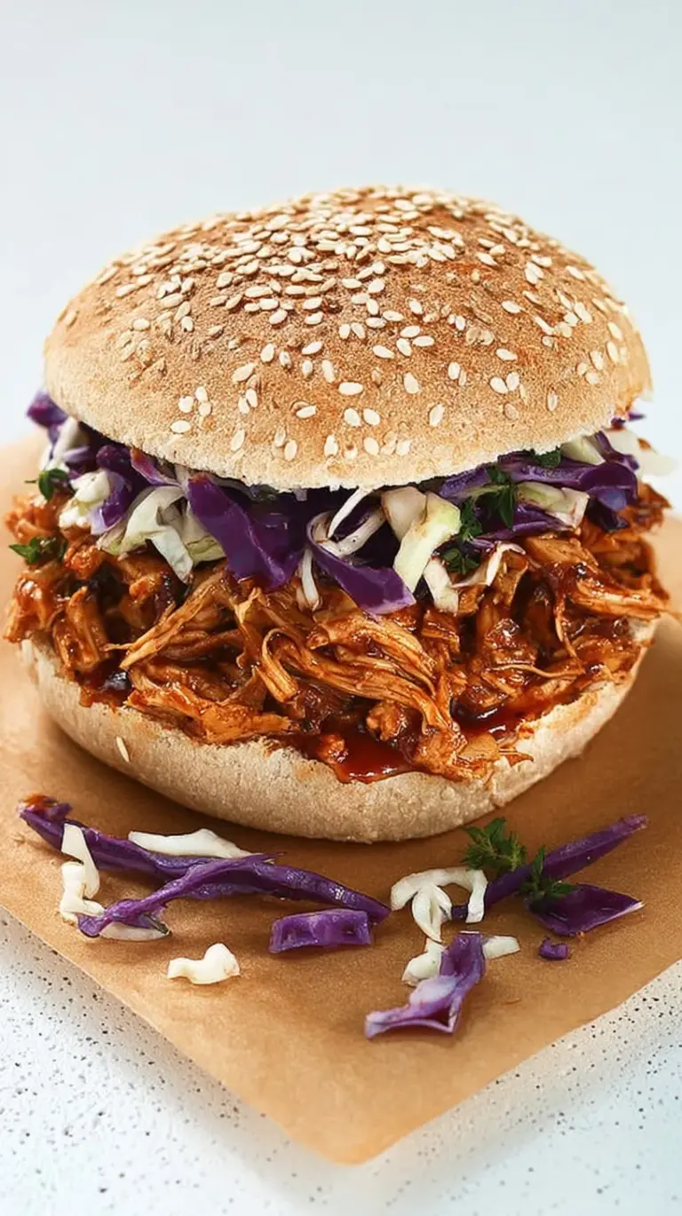 Smoky BBQ jackfruit piled high on a toasted bun with fresh coleslaw