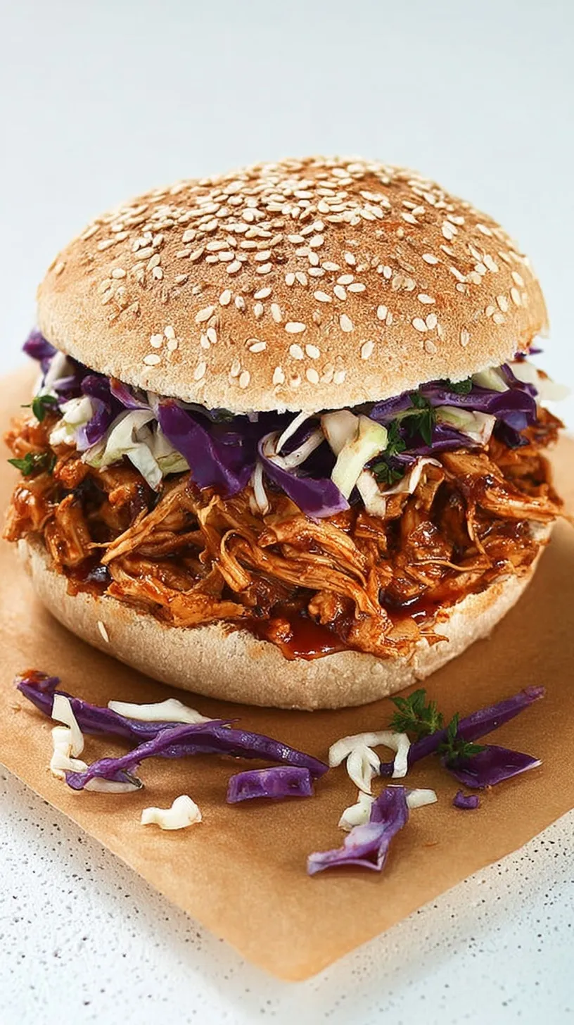 Smoky BBQ jackfruit piled high on a toasted bun with fresh coleslaw