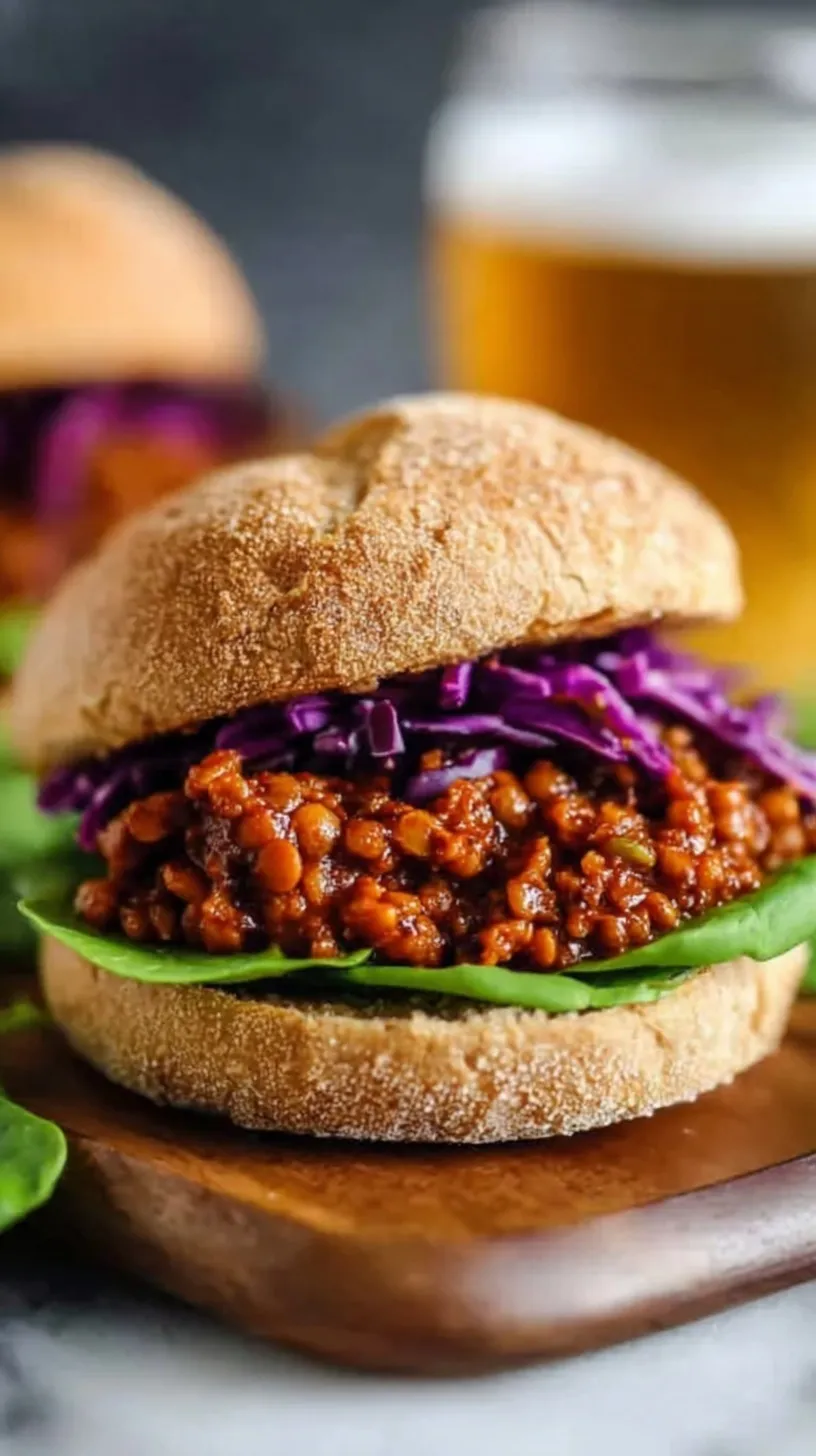 A hearty BBQ lentil sloppy joe on a toasted bun with fresh green peppers and onions.