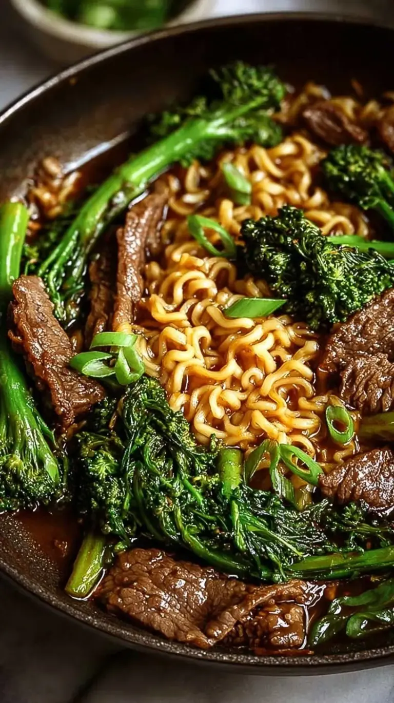A steaming bowl of beef and broccoli ramen stir fry with glossy sauce and fresh greens.