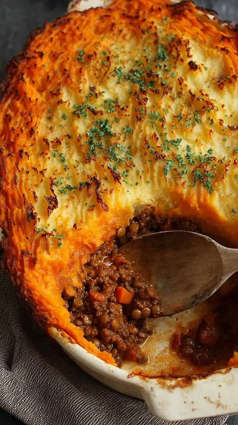 A golden-brown Beef and Lentil Cottage Pie in a ceramic baking dish with a fork-textured potato topping.