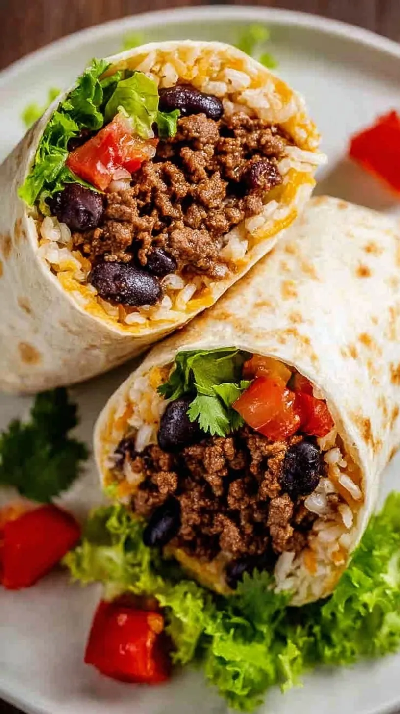A freshly rolled classic beef burrito sliced in half to show rice, beans, and seasoned meat.