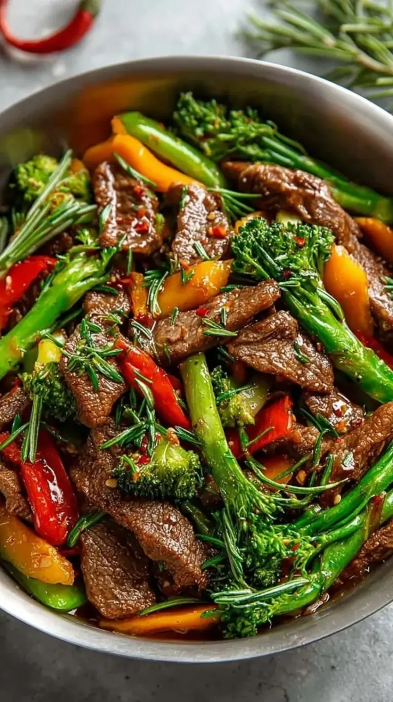 A colorful beef stir fry with broccoli, carrots, and red peppers in a savory sauce