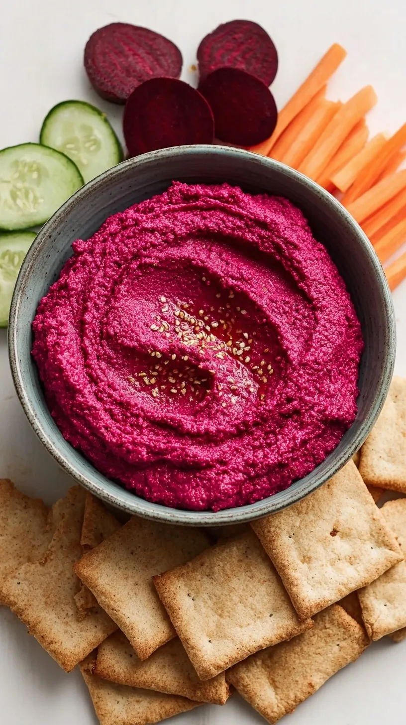 A bowl of bright pink beet hummus topped with olive oil and fresh herbs.