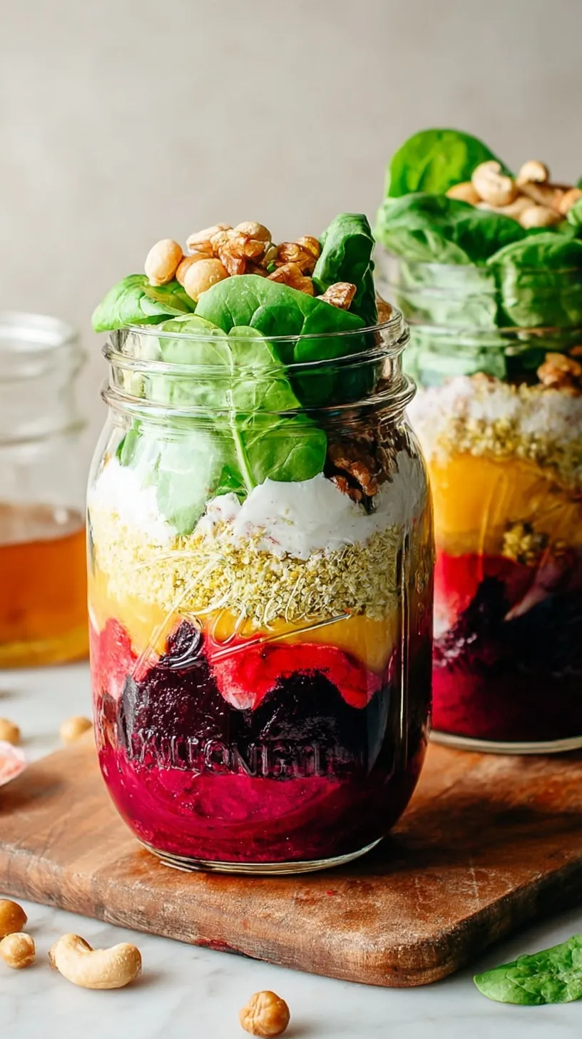 Colorful layers of roasted beets, quinoa, chickpeas, and spinach in a glass mason jar