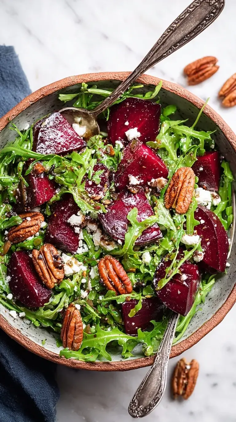 A fresh roasted beet salad with arugula, goat cheese, and walnuts on a white plate