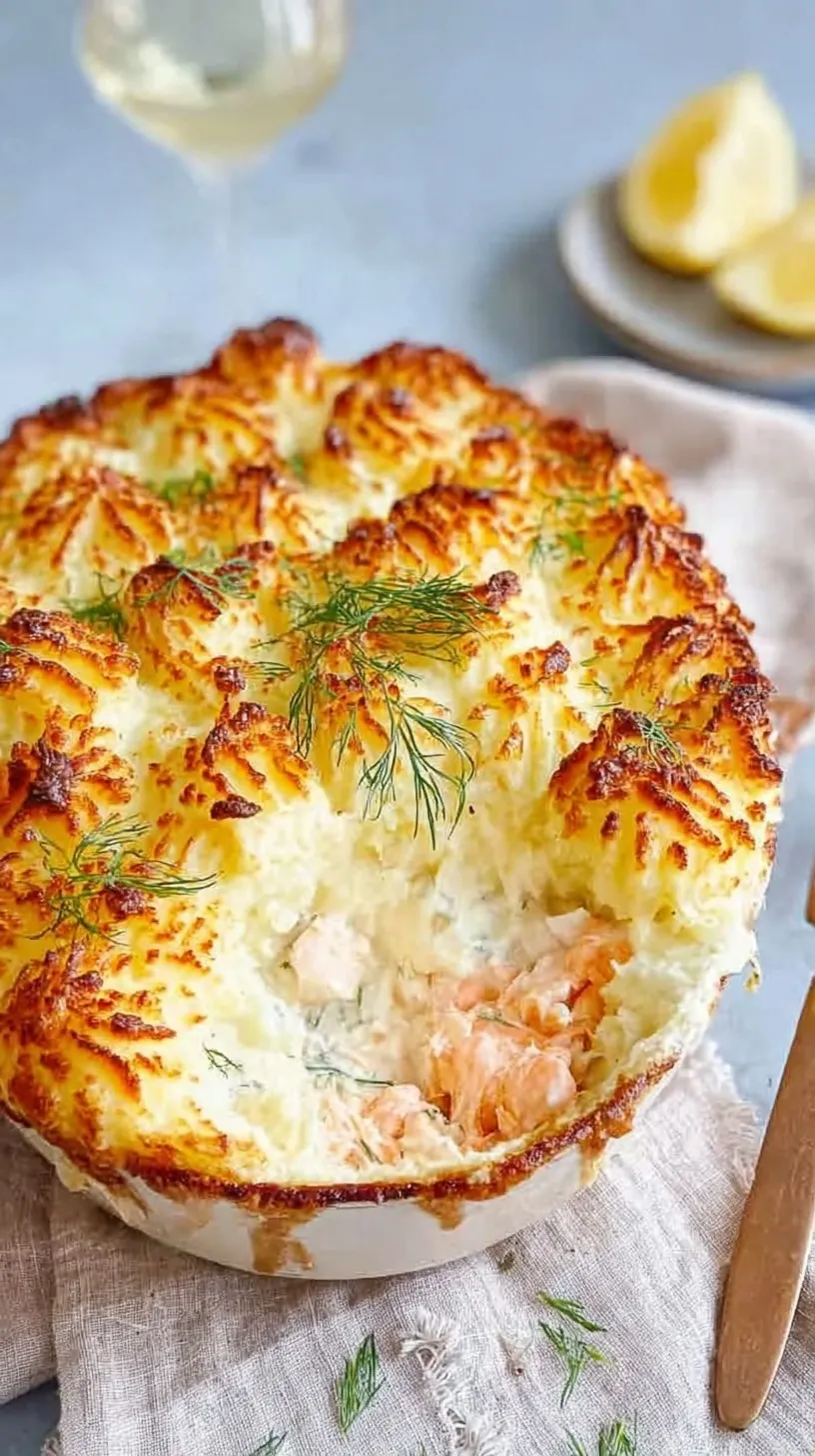 A golden brown fish pie in a white ceramic dish with bubbling cheese on top