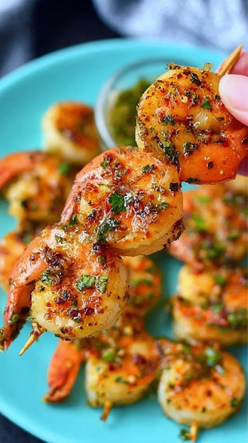 Grilled shrimp marinated in lemon, garlic, and herbs on a platter