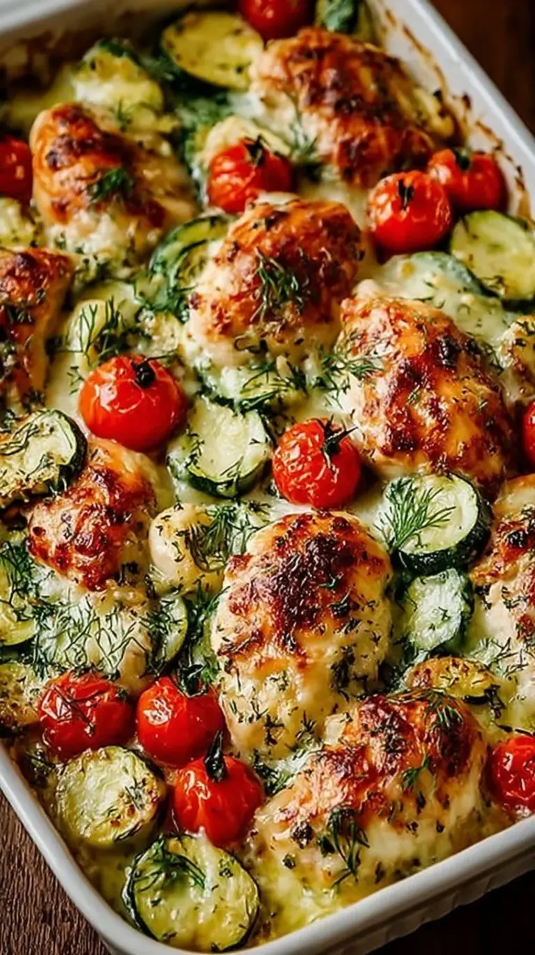 A colorful baking dish filled with roasted chicken, zucchini half-moons, cherry tomatoes, and kalamata olives topped with feta.