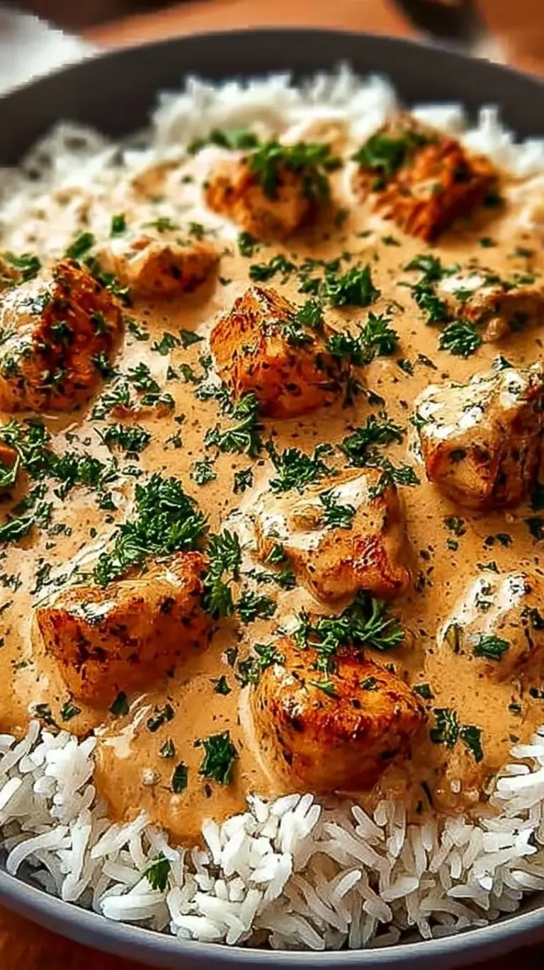 Golden seared chicken thighs smothered in thick onion gravy over a bed of white rice