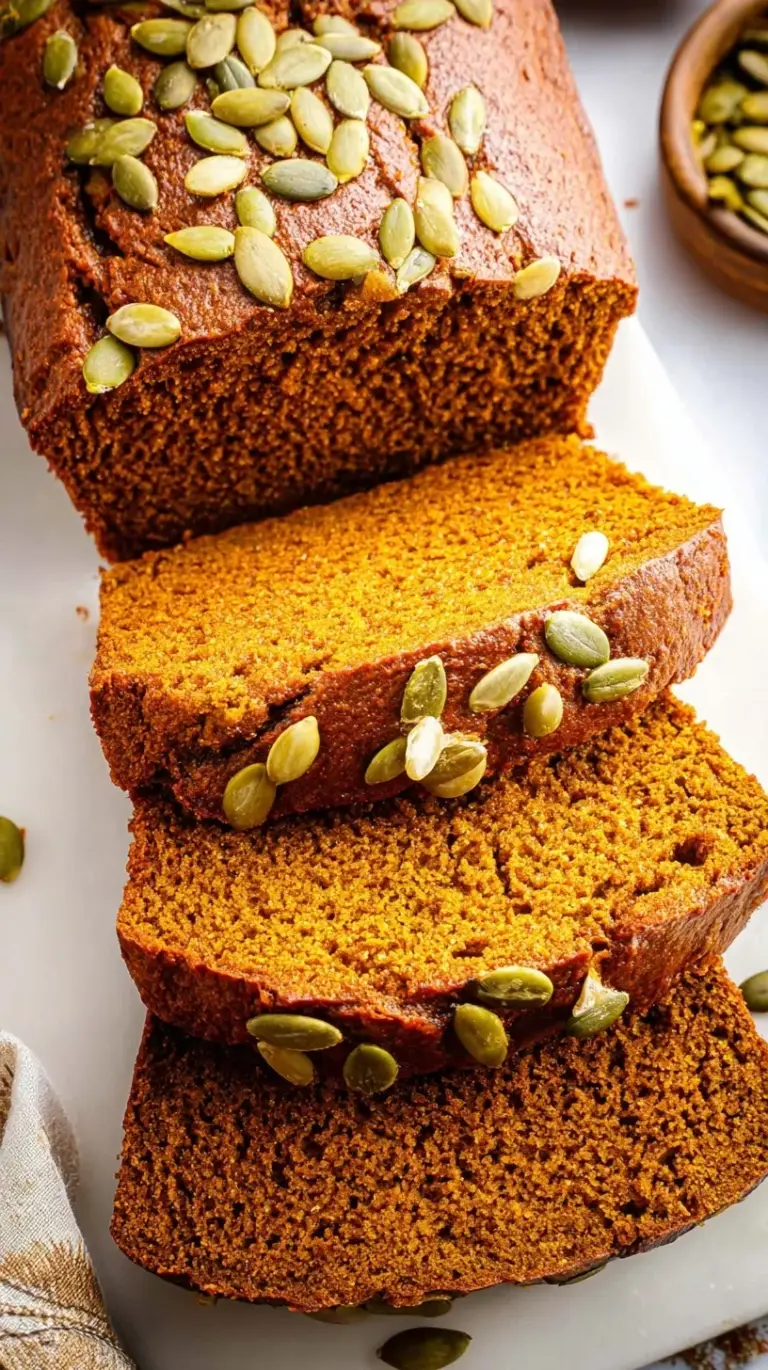 Two golden loaves of pumpkin bread on a cooling rack with autumn decorations