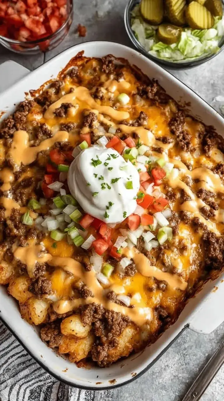A savory Big Mac Casserole in a baking dish topped with shredded lettuce, sliced pickles, and a creamy orange sauce.