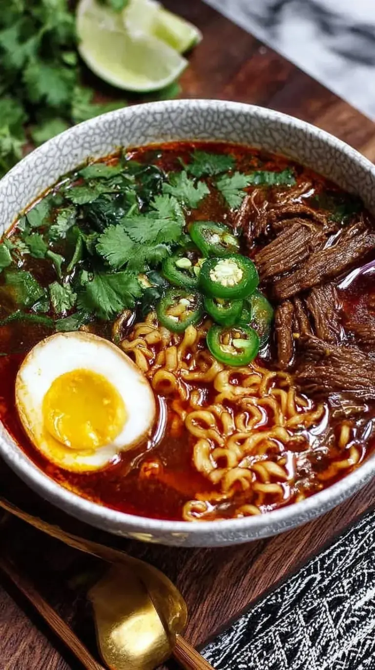 A steaming bowl of Birria Ramen with shredded beef, soft boiled egg, and fresh cilantro.