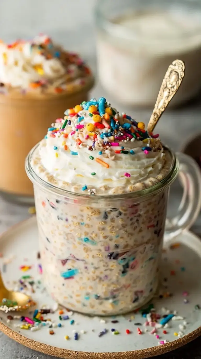 A glass jar filled with creamy birthday cake overnight oats topped with rainbow sprinkles.
