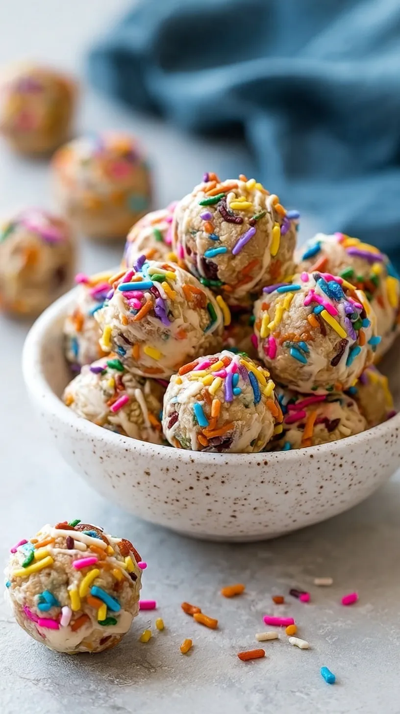 A tray of white protein balls with colorful rainbow sprinkles on a parchment-lined tray.