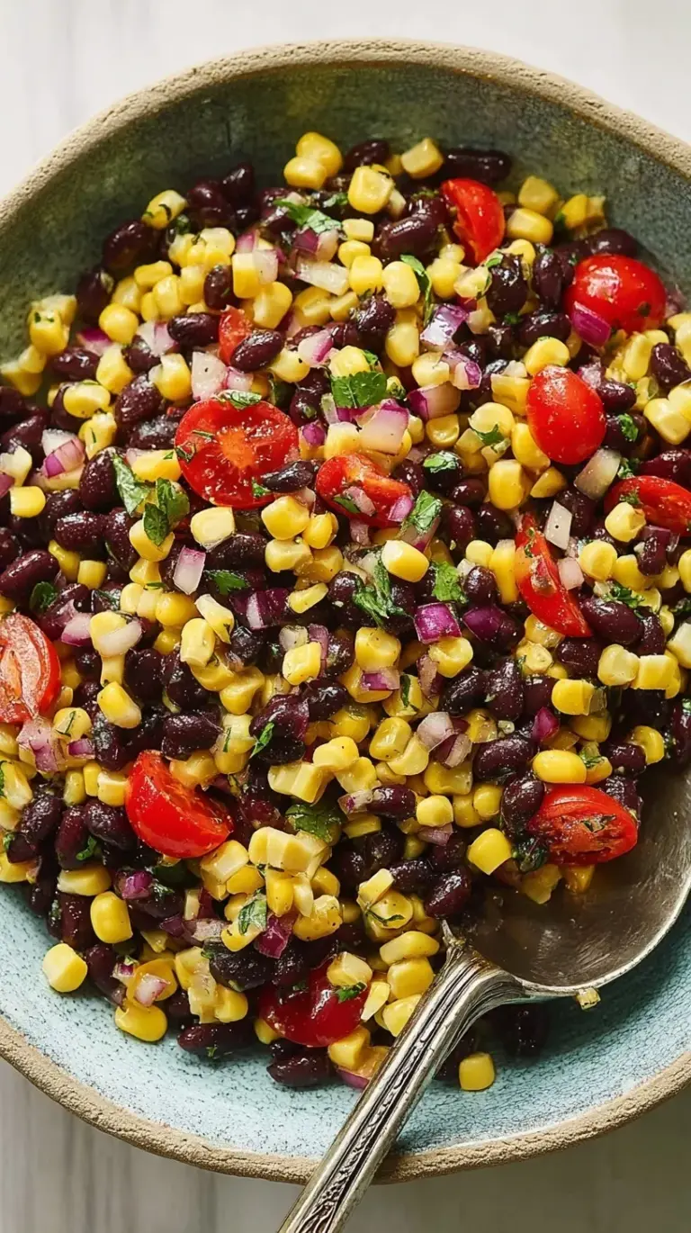 A colorful bowl of black bean and corn salad with red peppers and cilantro
