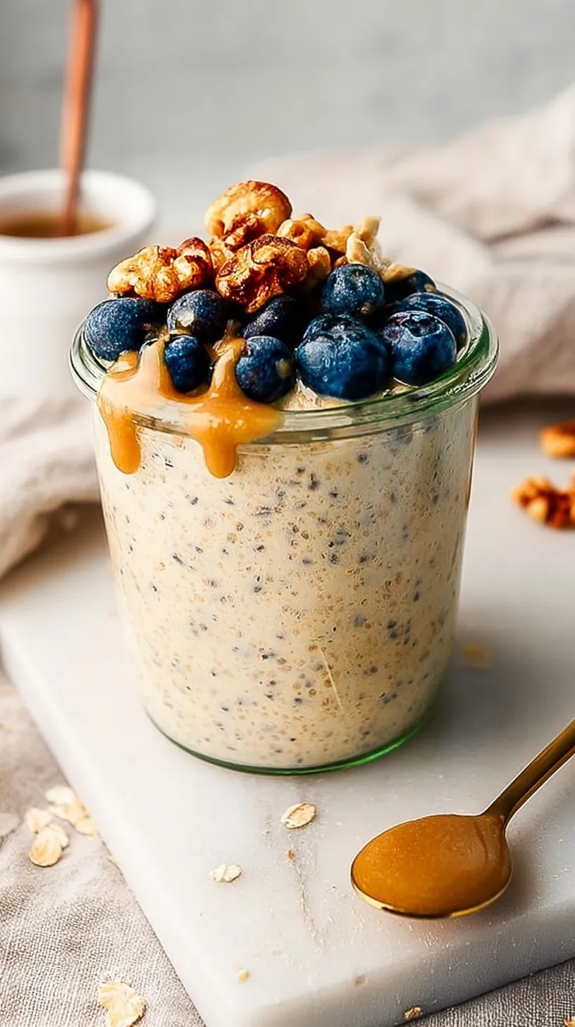 A glass jar filled with smooth, creamy blended overnight oats topped with fresh berries and nuts.
