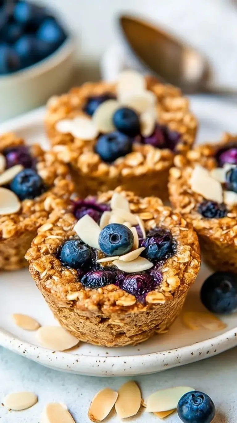 Golden brown blueberry baked oatmeal cups in a muffin tin with fresh berries