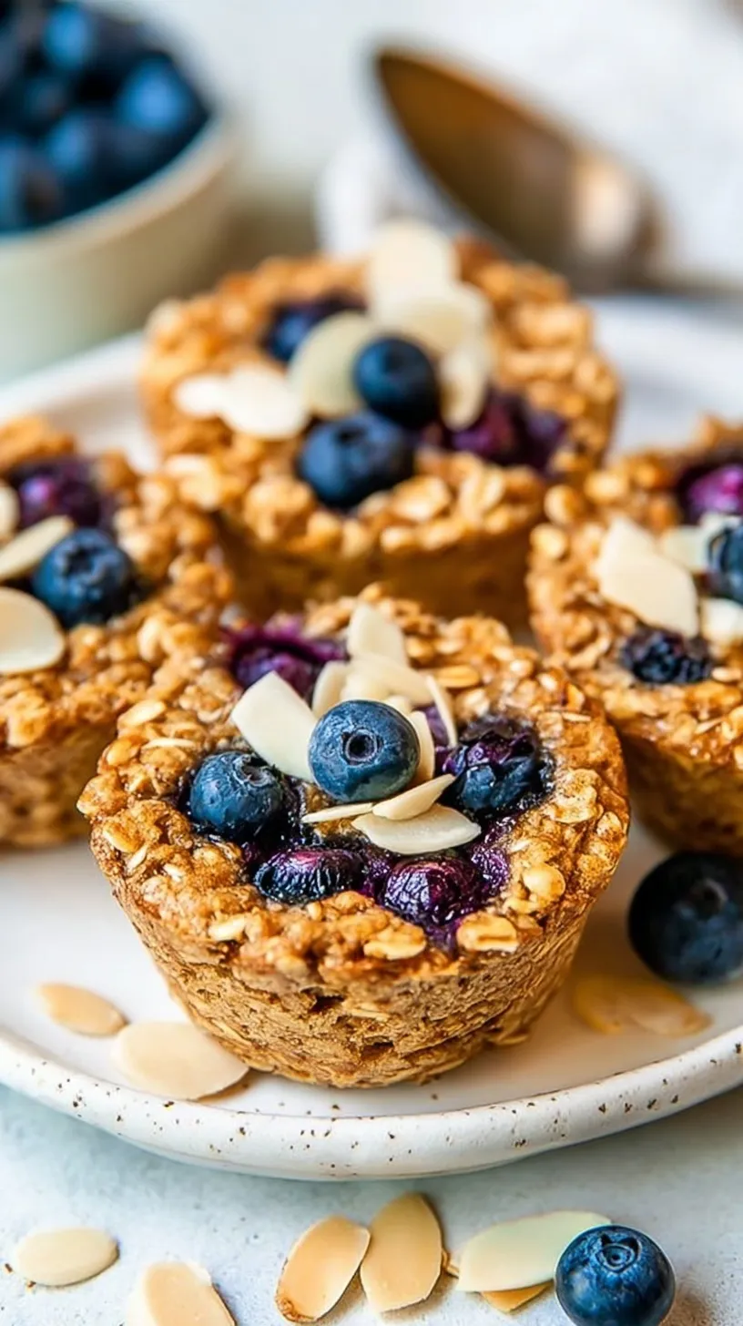 Golden brown blueberry baked oatmeal cups in a muffin tin with fresh berries