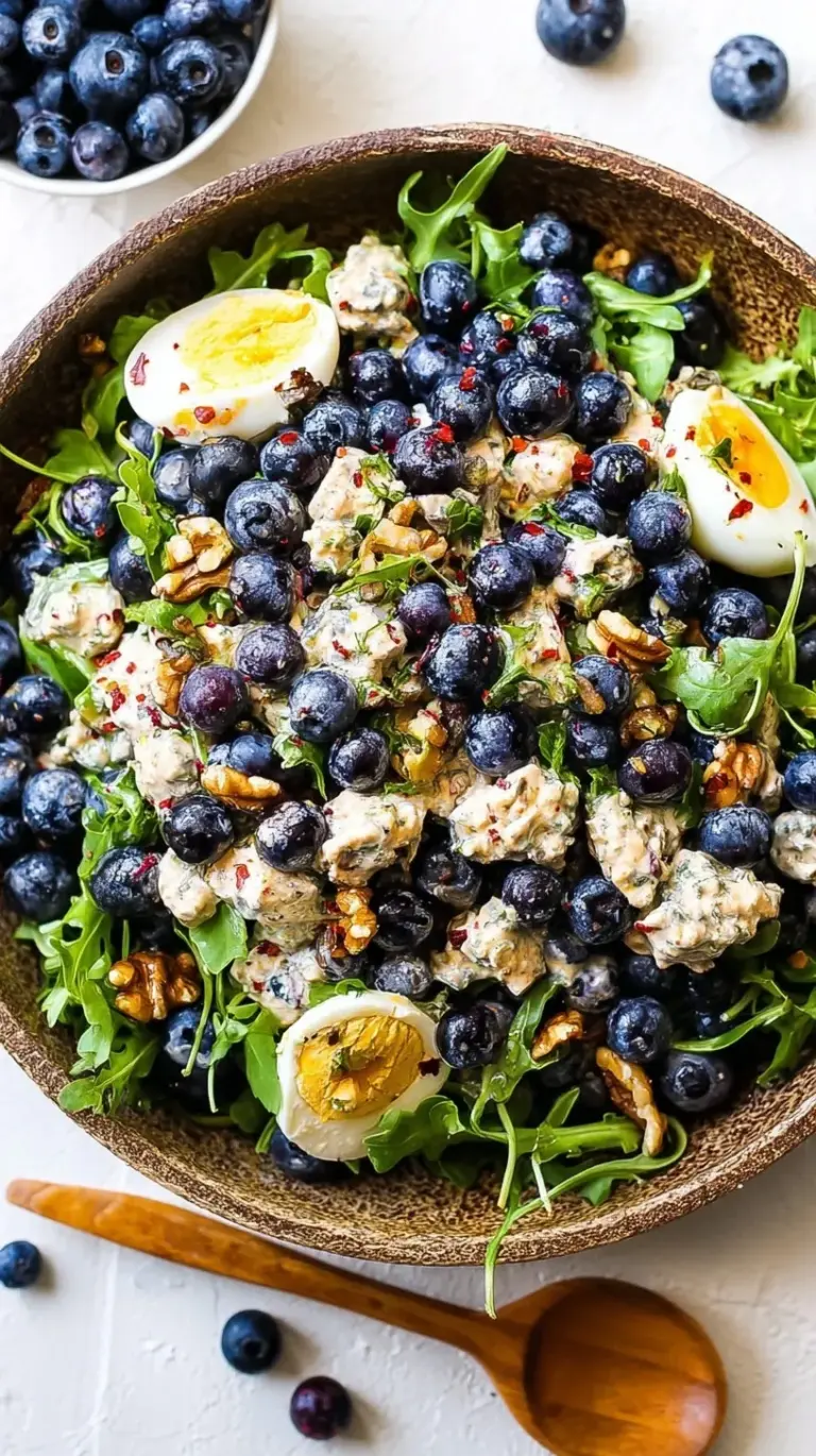 A vibrant blueberry breakfast salad with spinach, feta, and walnuts in a white bowl.