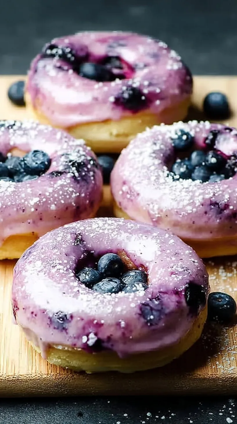A stack of glazed blueberry cake donuts with fresh berries on a wire cooling rack
