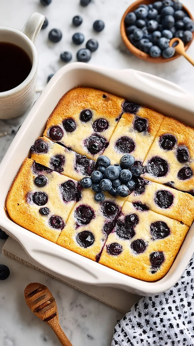 A golden-brown blueberry cottage cheese breakfast bake in a ceramic dish with fresh berries on top.