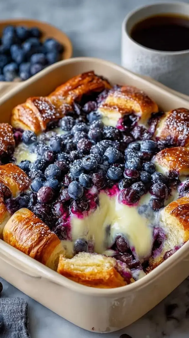 Golden baked croissant casserole with fresh blueberries and powdered sugar in a white baking dish