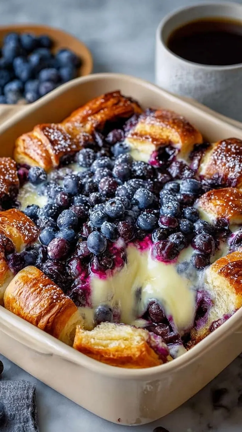 Golden baked croissant casserole with fresh blueberries and powdered sugar in a white baking dish