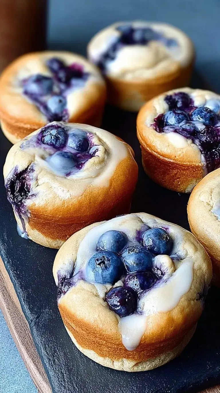 A close up of freshly baked blueberry protein muffins with a creamy center on a wire rack.