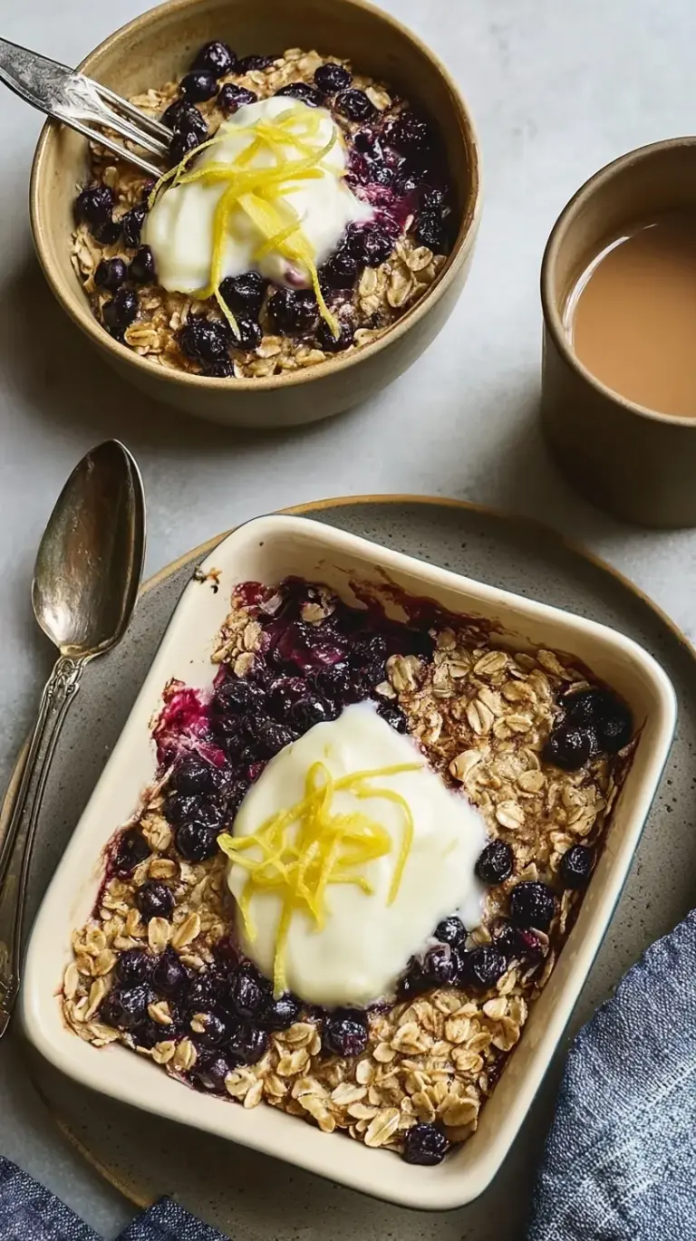 A square of golden baked oatmeal filled with bursting blueberries and lemon zest in a white ceramic dish.