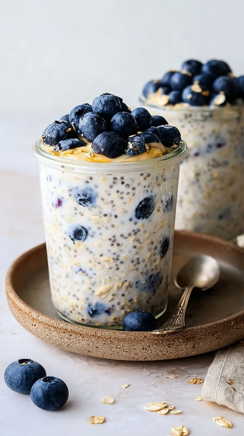 A glass jar filled with creamy blueberry overnight oats topped with fresh berries and chia seeds.