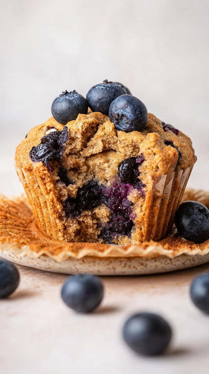 A stack of fresh blueberry protein muffins on a wire cooling rack with fresh berries nearby.