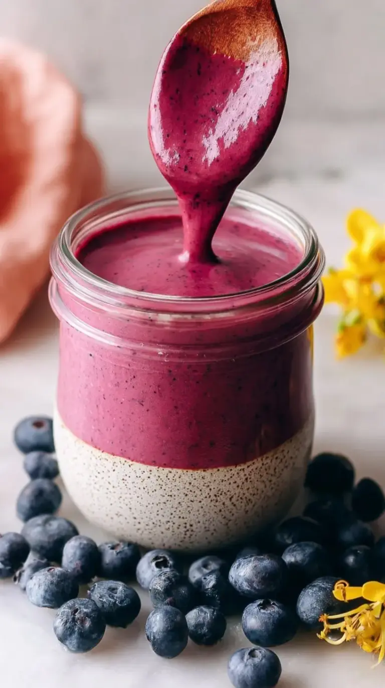 A creamy purple blueberry tahini dressing in a glass jar next to fresh blueberries