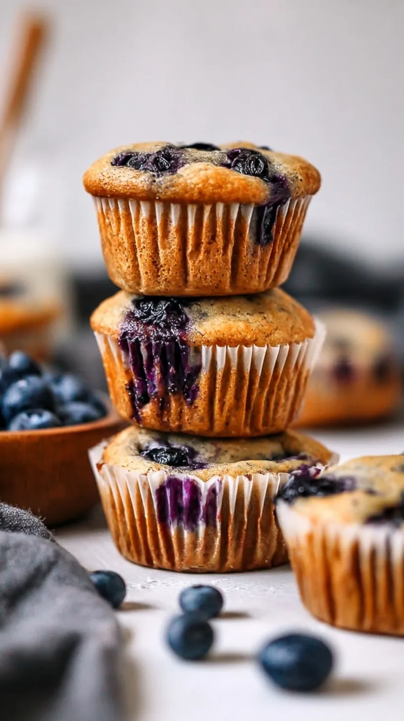 A stack of golden brown blueberry yogurt muffins on a wire cooling rack with fresh berries scattered around.