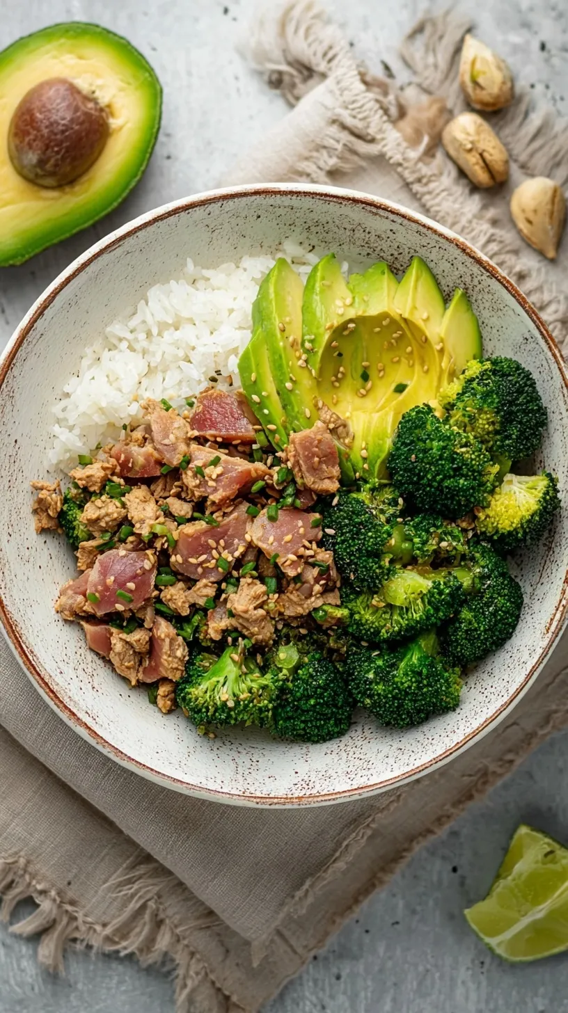 A fresh Broccoli Avocado Tuna Bowl with lemon dressing and red chili flakes.