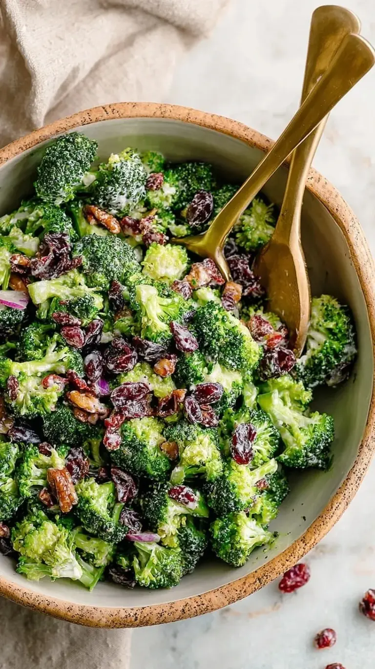 A white bowl filled with fresh broccoli florets, red onions, dried cranberries, and sunflower seeds in a creamy dressing.