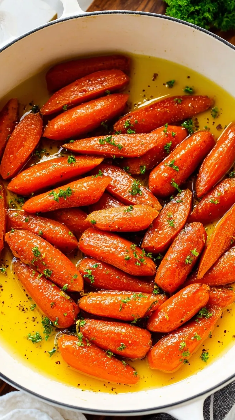A skillet filled with tender orange carrots coated in a glossy brown sugar glaze and garnished with fresh green parsley.