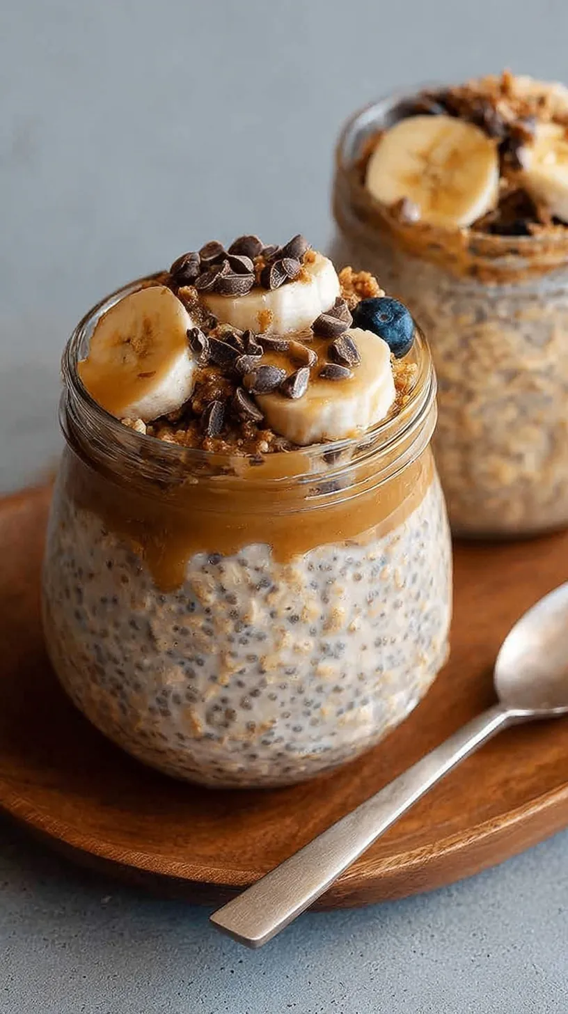 A glass mason jar filled with creamy brown sugar overnight oats topped with a sprinkle of cinnamon and a wooden spoon.