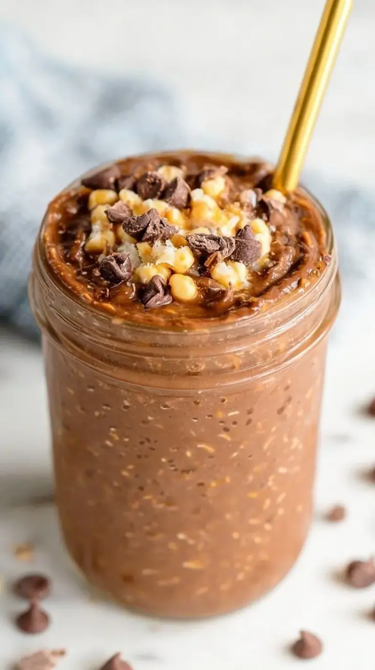 A glass jar filled with thick chocolate brownie batter overnight oats topped with mini chocolate chips.