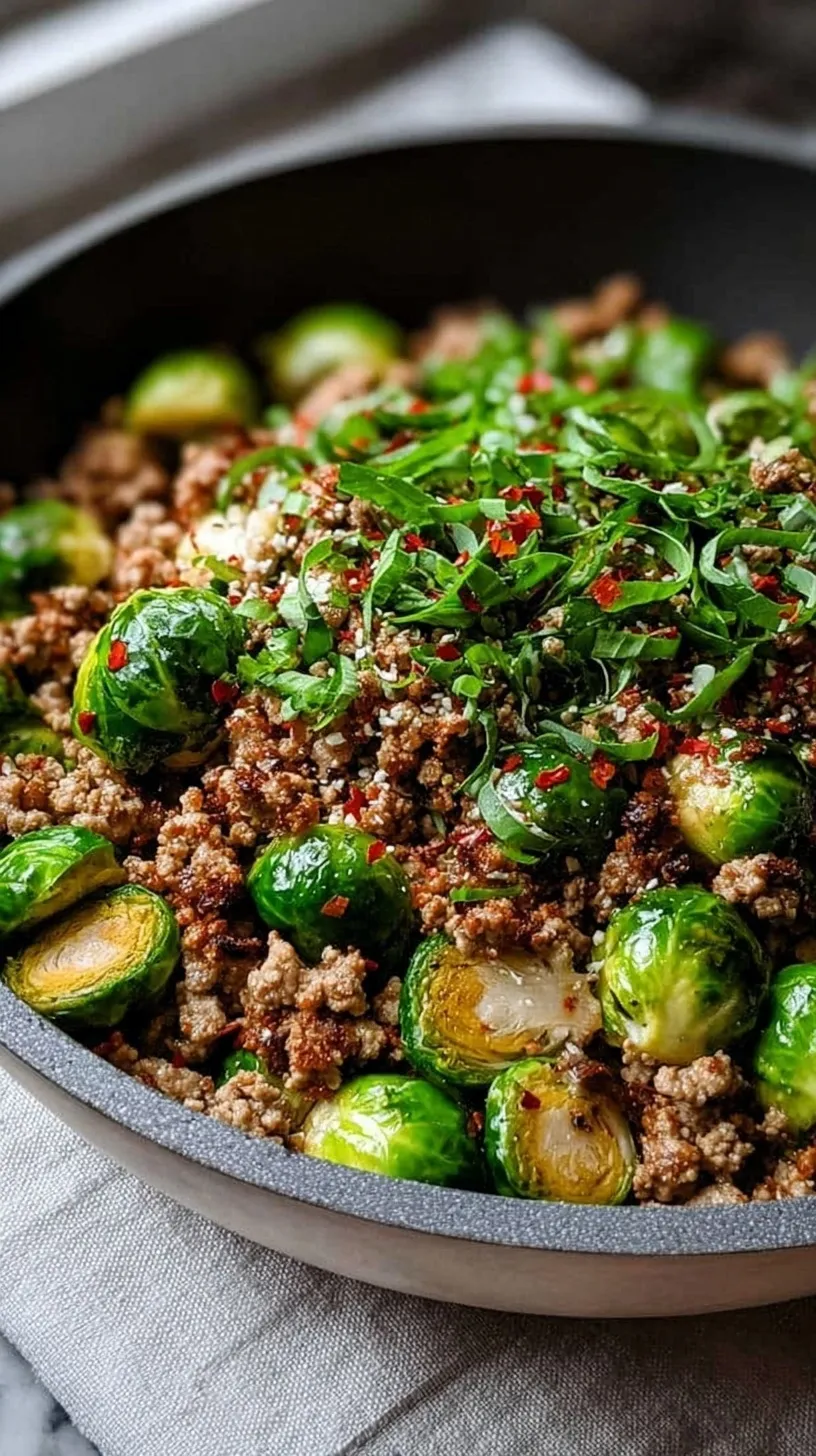 A large black skillet filled with browned ground turkey and caramelized shaved Brussels sprouts.