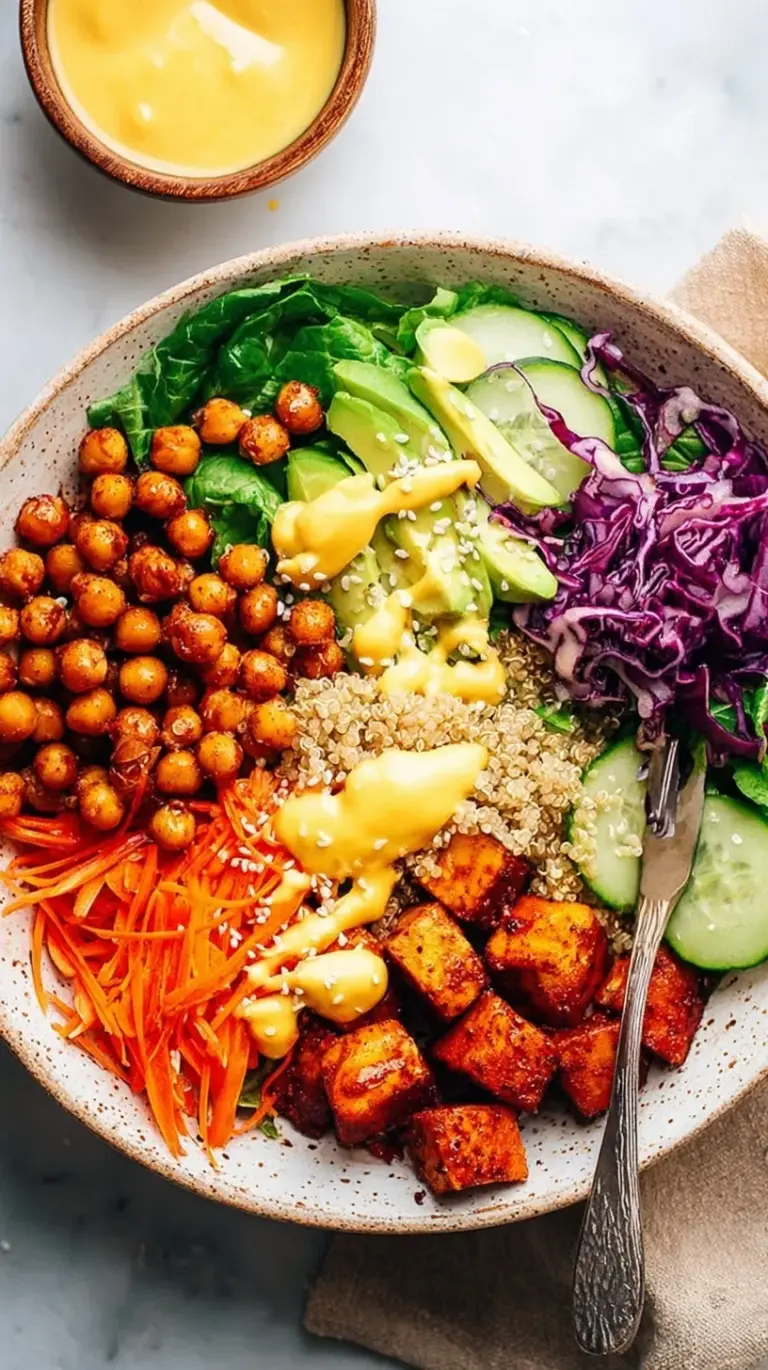 A vibrant Classic Buddha Bowl with roasted sweet potatoes, spiced chickpeas, quinoa, and avocado on a white background.