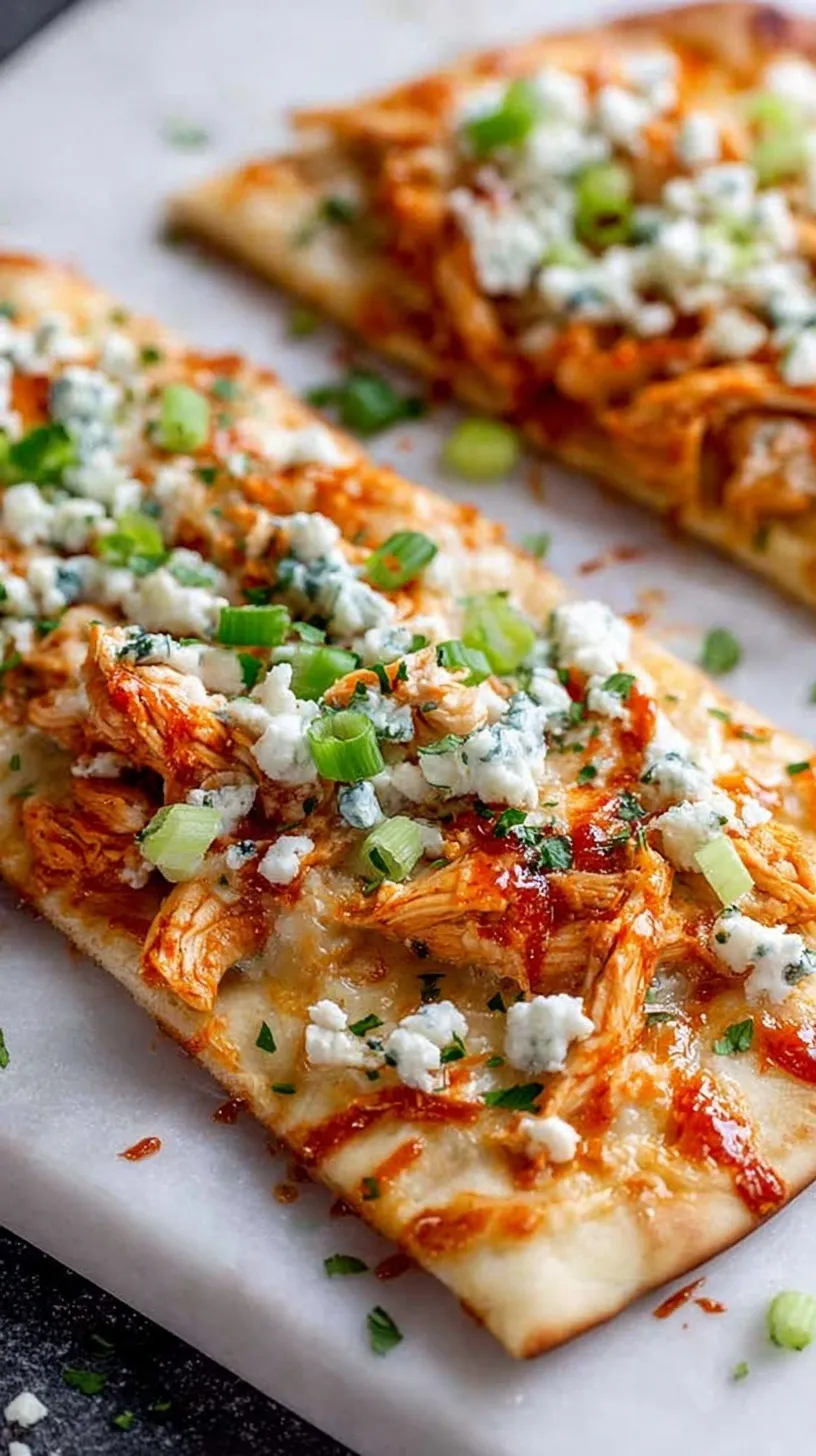 Crispy Buffalo Chicken Flatbread topped with melted cheese, blue cheese crumbles, and ranch drizzle